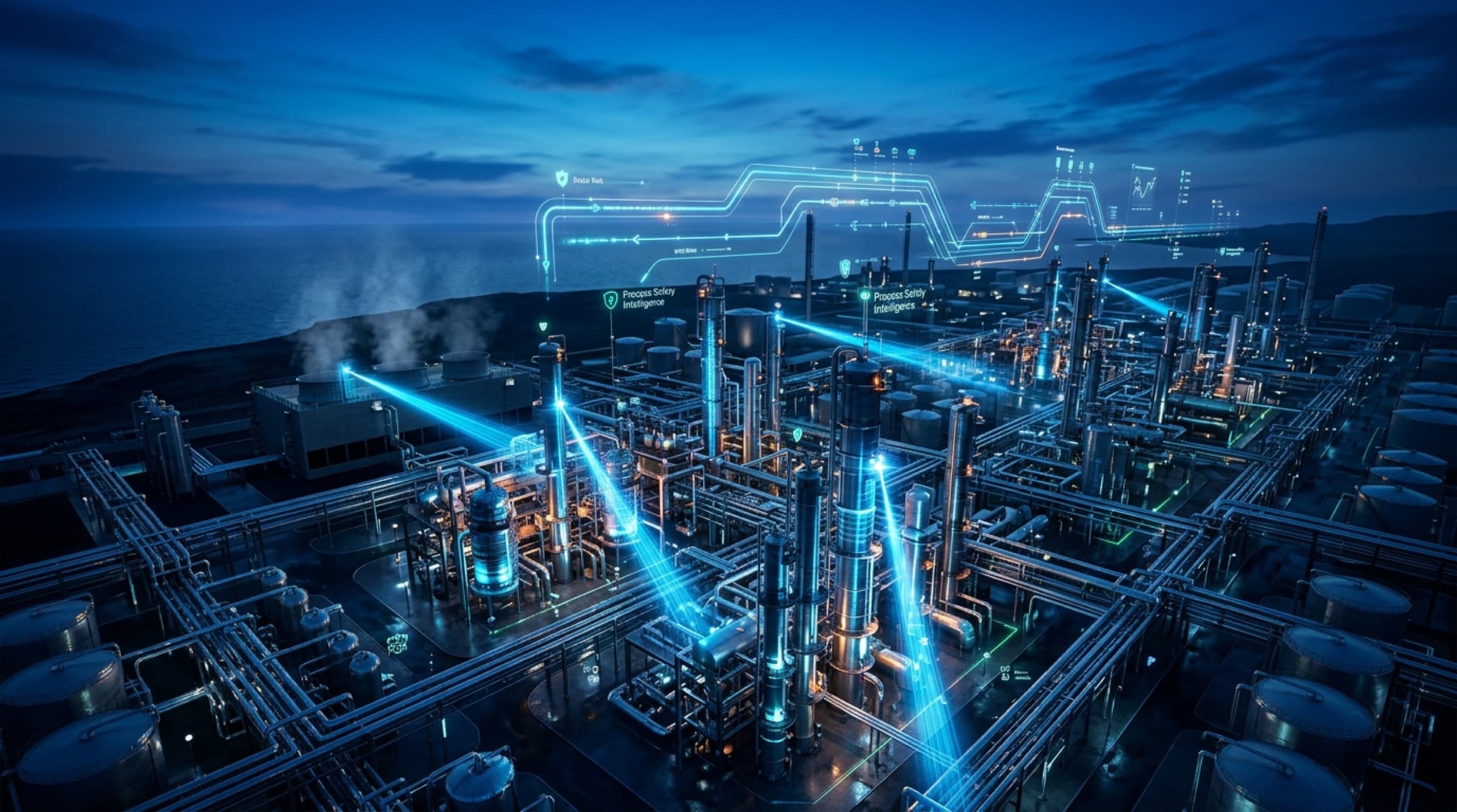 AI-driven process safety intelligence overlay on an illuminated refinery at night