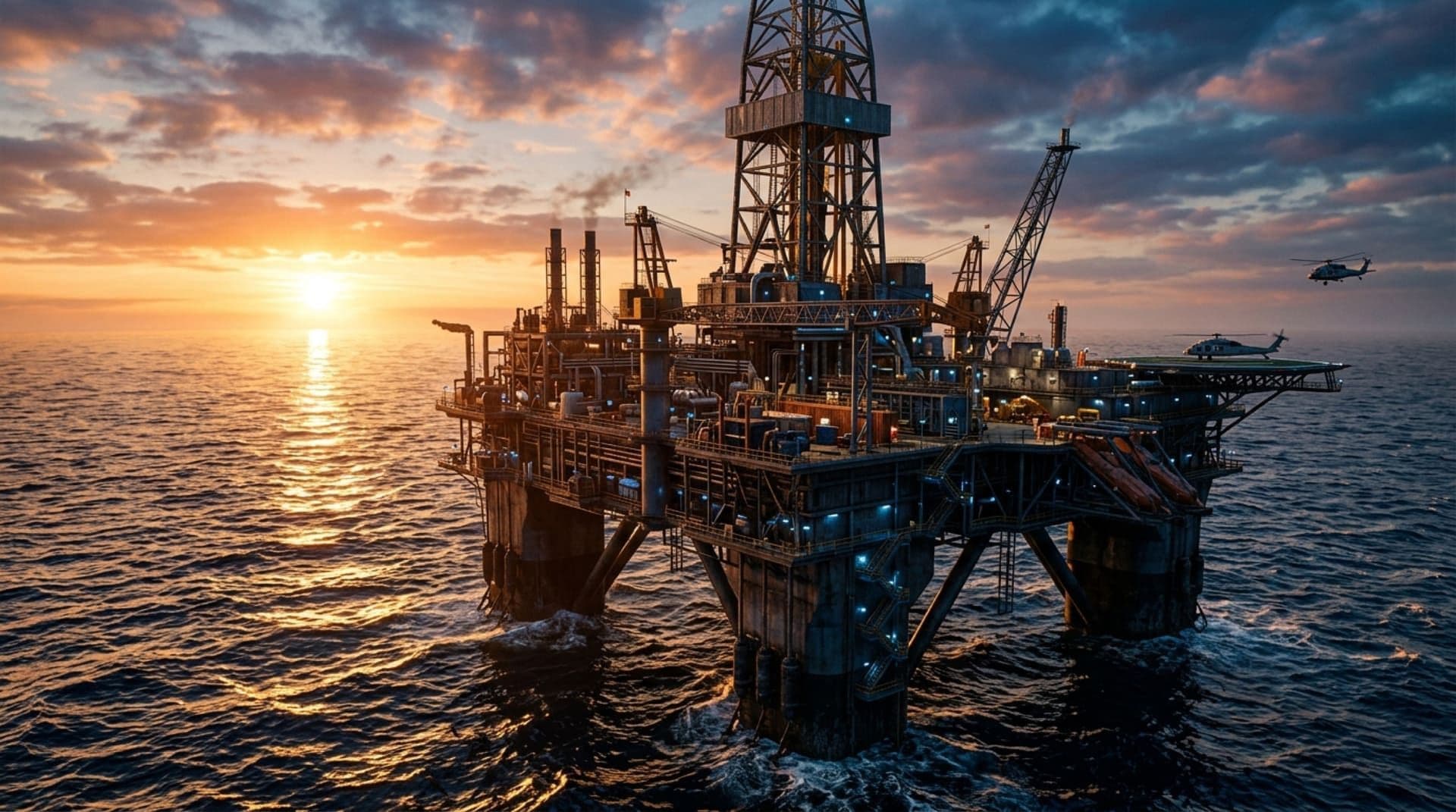 Offshore oil and gas platform at sunset with helicopters approaching the helideck