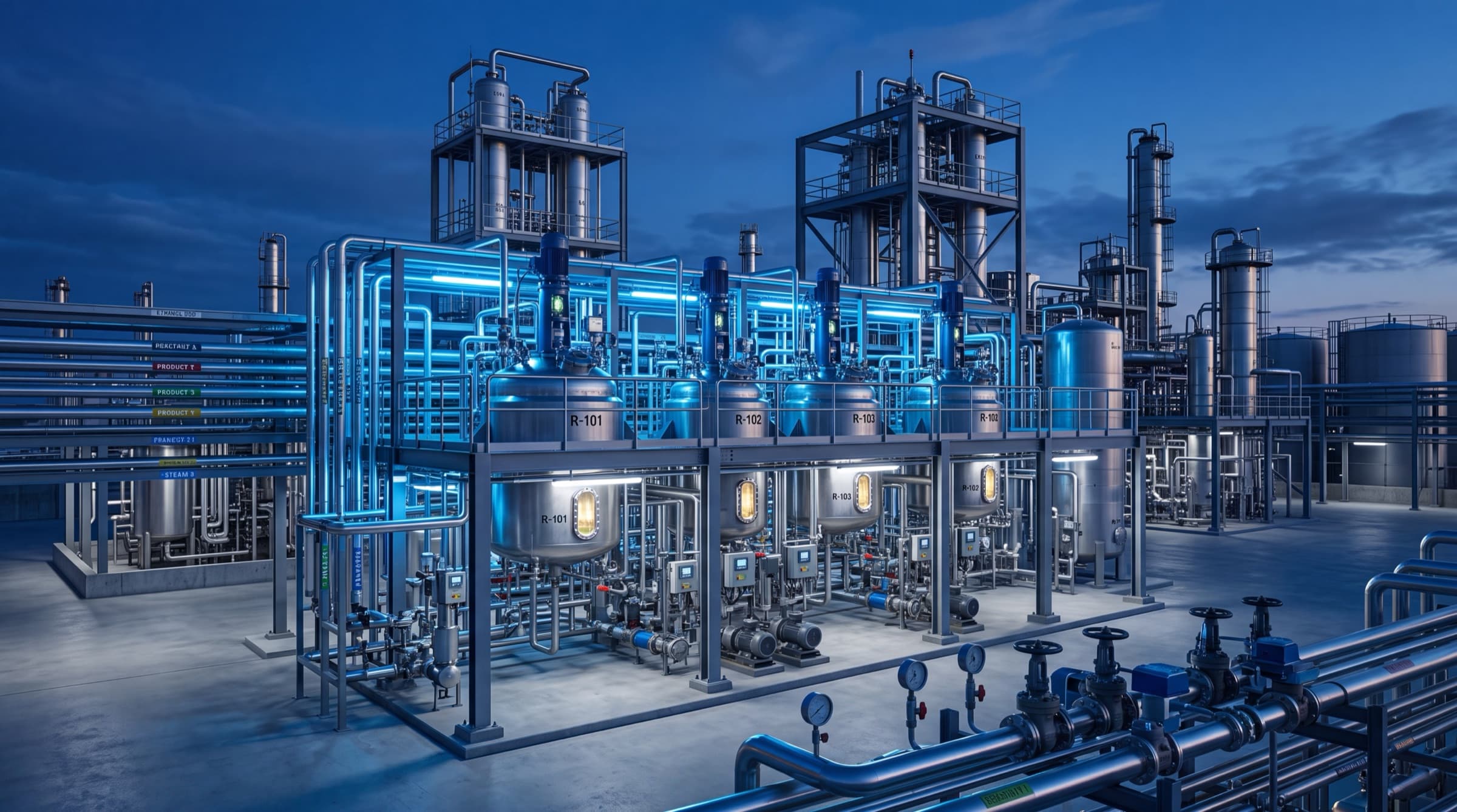 Multi-reactor chemical processing skid illuminated at night with labelled vessels R-101 to R-103