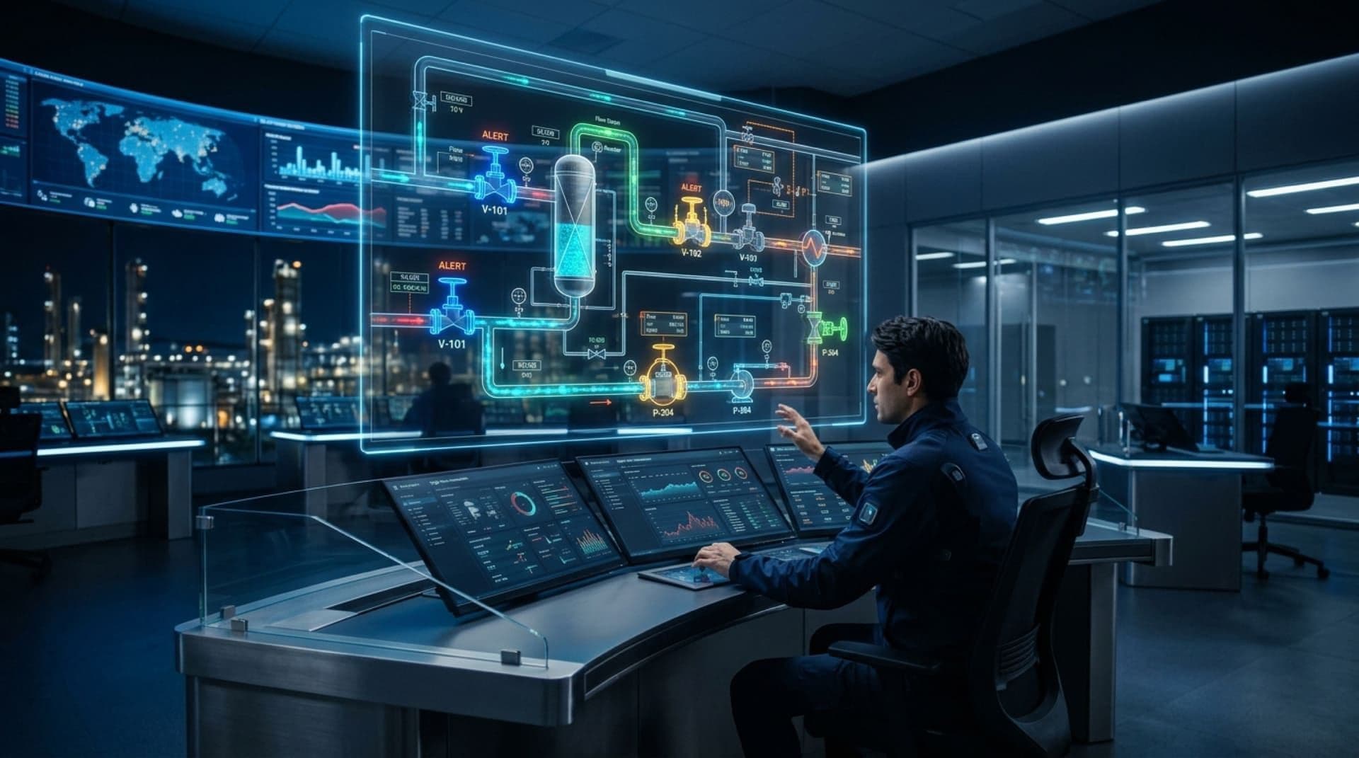 Process safety engineer reviewing a holographic digital twin of a plant P&ID in a control room