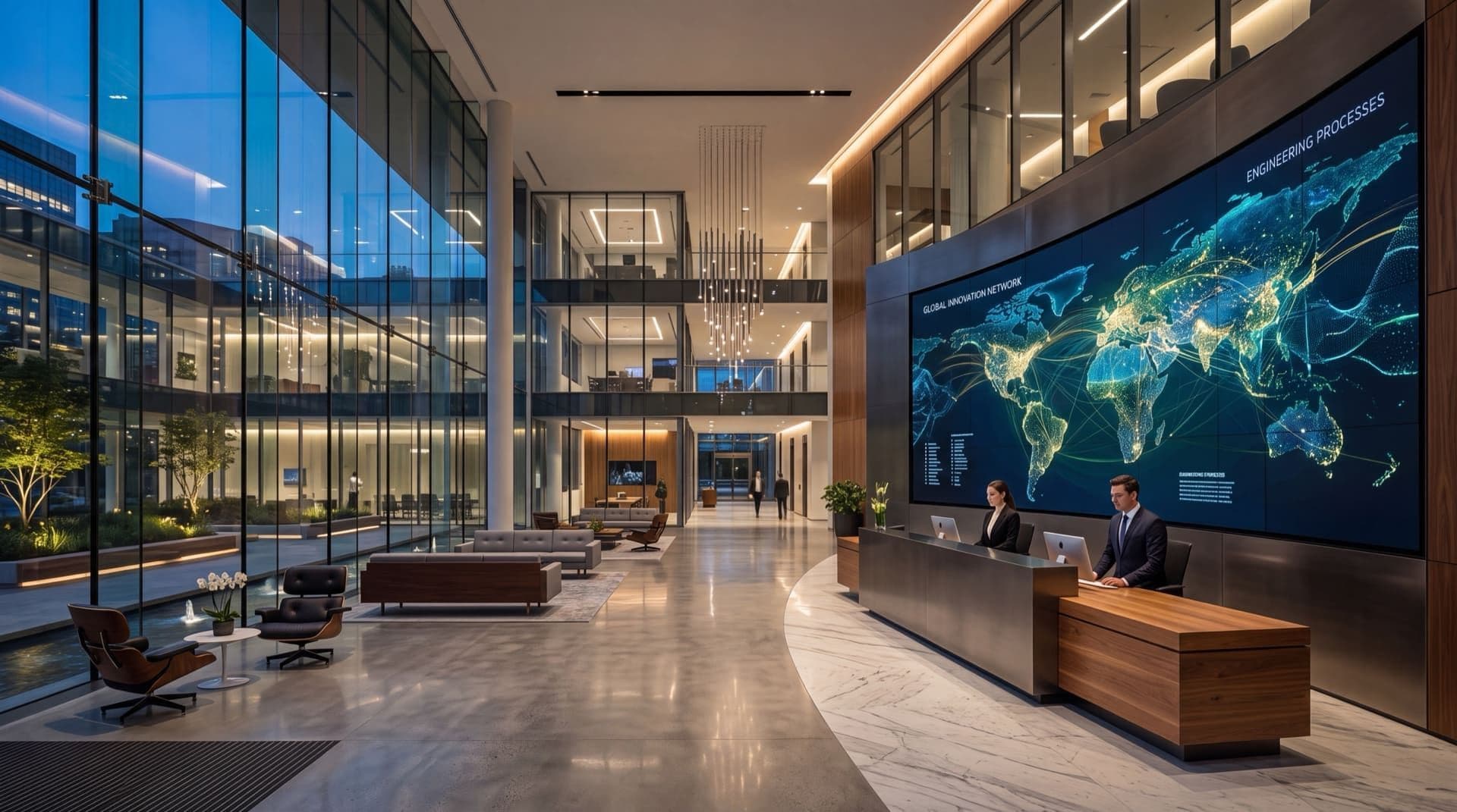 Modern corporate lobby with a global engineering network display
