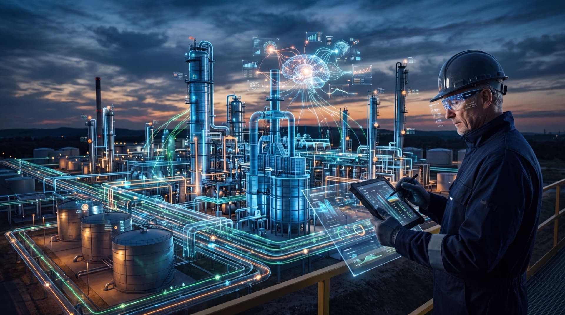 Process safety engineer reviewing an AI neural network overlay above a refinery at dusk